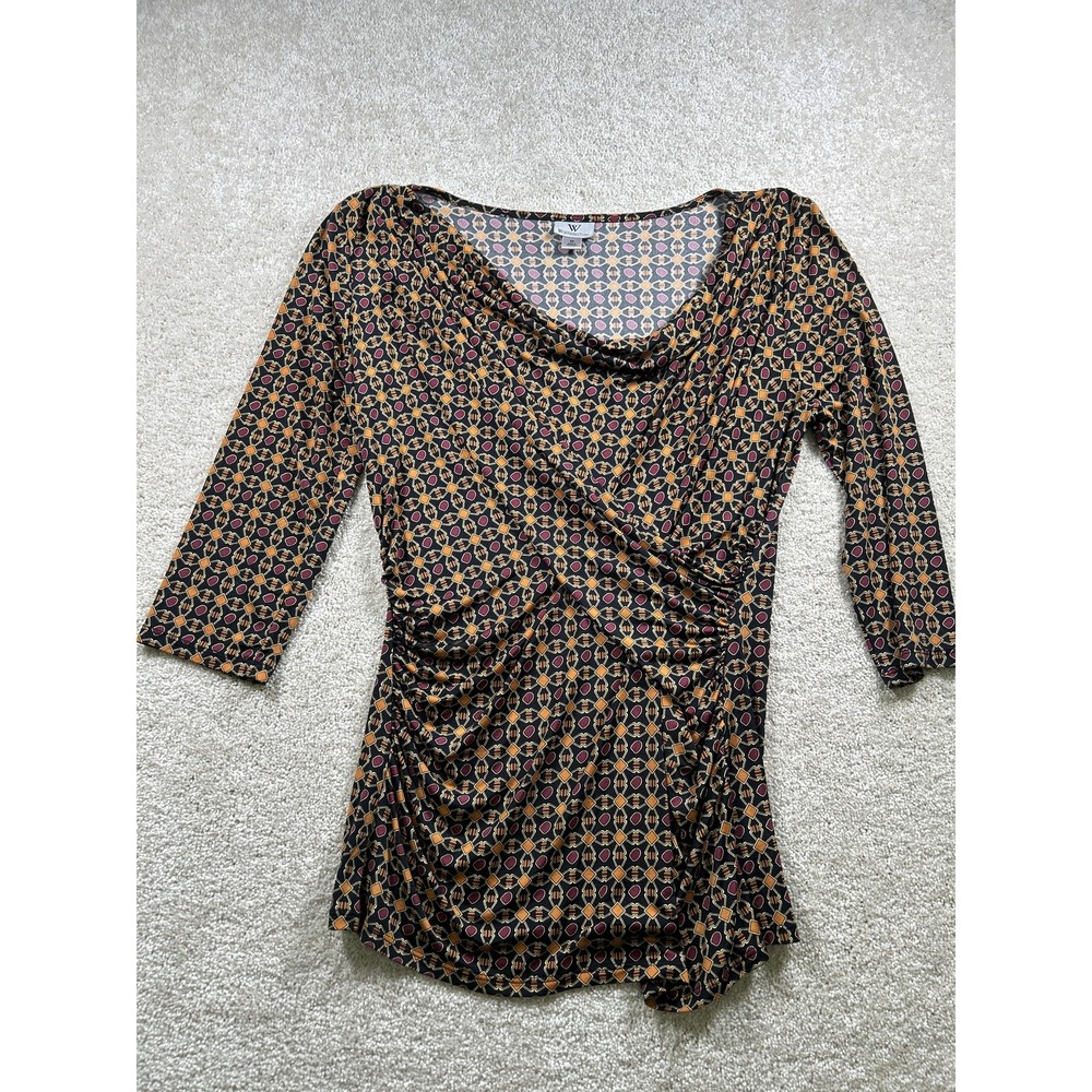 Worthington Shirt Womens Medium Black Gold Geometric Print 3/4 Sleeve Blouse Top